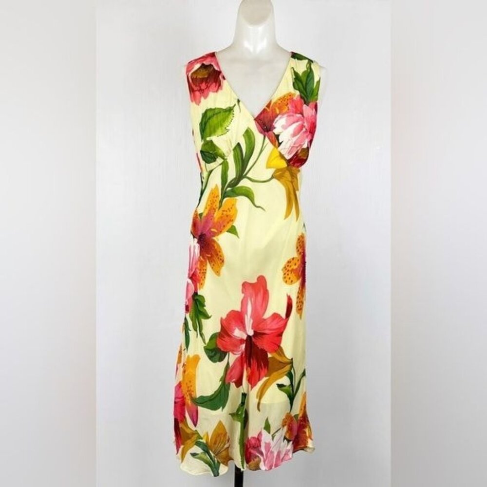 Yellow Floral Midi Dress with V-Neck